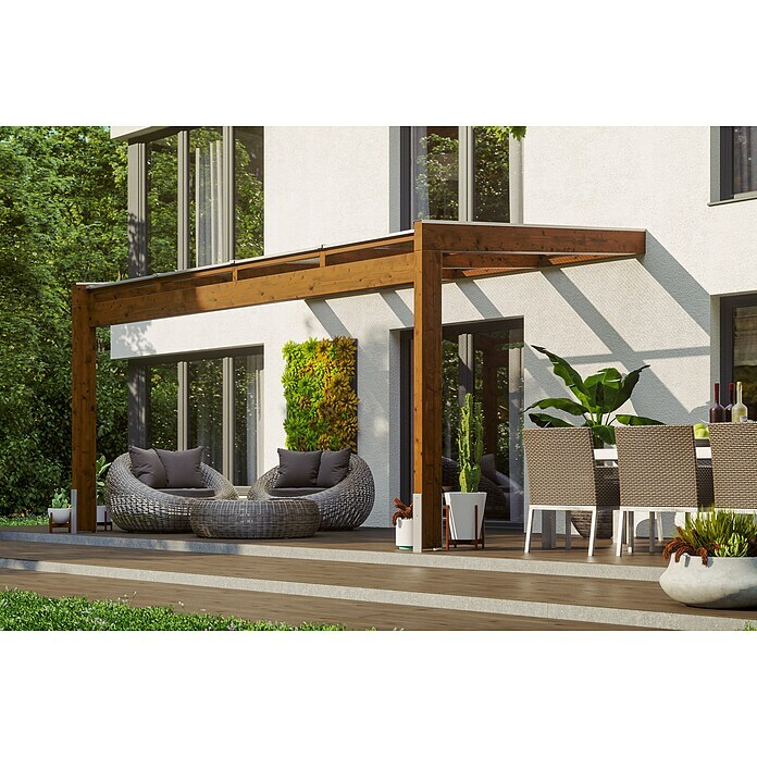 Skan Holz Terrassenüberdachung NovaraL x T: 450 x 359 cm, Polycarbonat, Nussbaum Use Shot