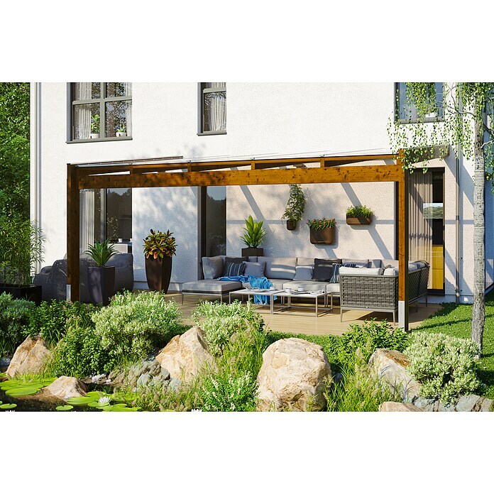 Skan Holz Terrassenüberdachung NovaraL x T: 557 x 259 cm, Polycarbonat, Nussbaum Use Shot