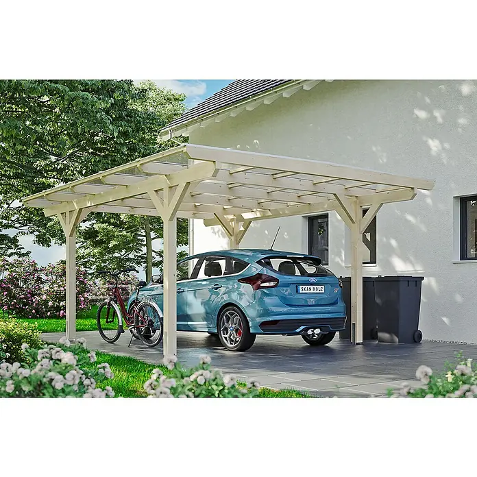 SKAN HOLZ Carport Odenwald - Außenmaß inkl. Dachüberstand (B x T): 4,28 x 5,41 m, Einzelcarport, Natur - Dieses Bild zeigt einen modernen Holzunterstand für Autos, der Schutz vor Witterungseinflüssen bietet und gleichzeitig das Fahrzeug stilvoll präsentiert.