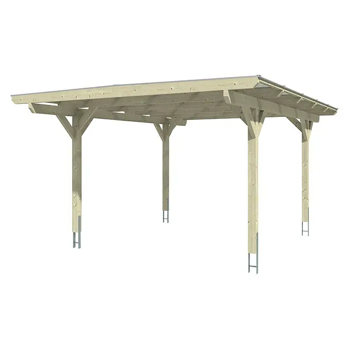 SKAN HOLZ Carport Odenwald - Außenmaß inkl. Dachüberstand (B x T): 4,28 x 5,41 m, Einzelcarport, Weiß - Das Bild zeigt ein Holzcarport mit Flachdach und stabilen Stützpfosten auf schwarzem Hintergrund. Ideal zum Schutz Ihres Fahrzeugs vor Witterungseinflüssen.