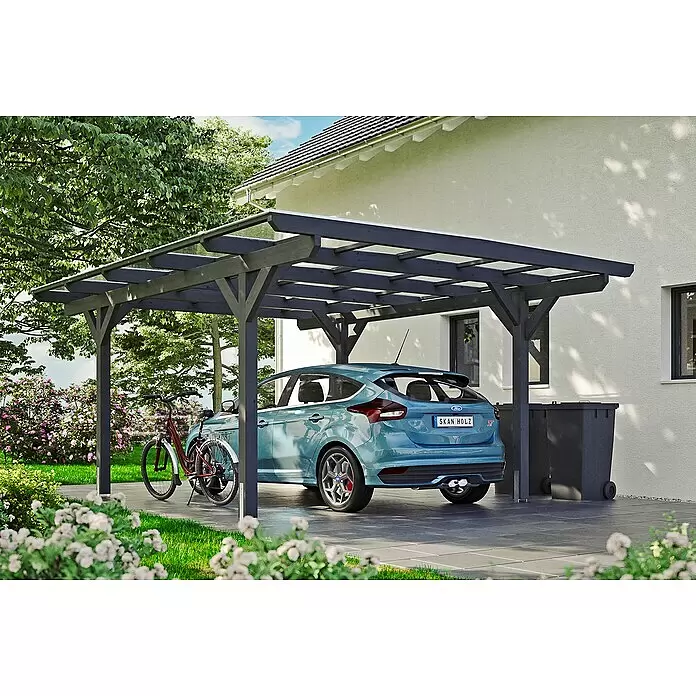 SKAN HOLZ Carport Odenwald - Außenmaß inkl. Dachüberstand (B x T): 4,28 x 5,41 m, Einzelcarport, Schiefergrau - Anwendungsbeispiel