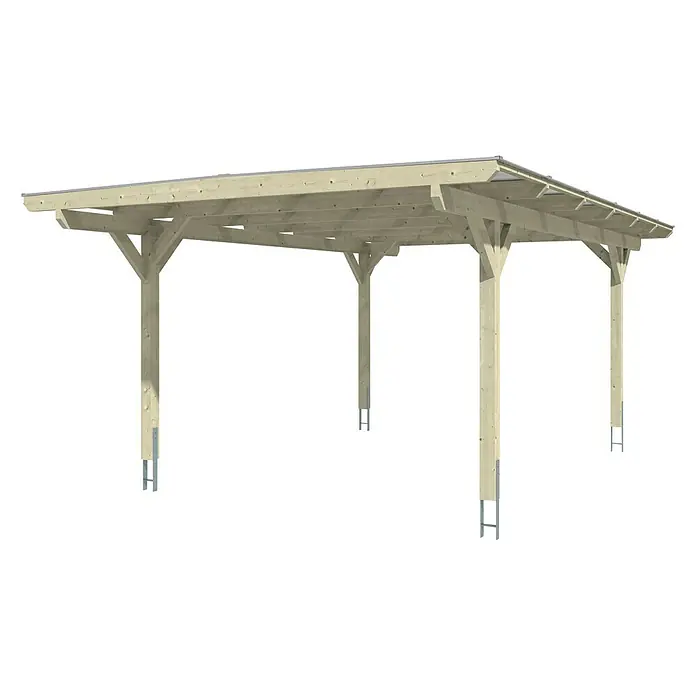 SKAN HOLZ Carport Odenwald - Außenmaß inkl. Dachüberstand (B x T): 4,28 x 6,48 m, Einzelcarport, Eiche Hell - Eine Abbildung eines modernen Holzcarports mit schlanken Pfosten und einem flachen Dach auf schwarzem Hintergrund.