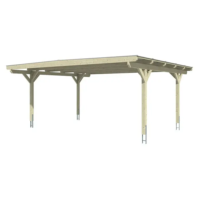 SKAN HOLZ Carport Odenwald - Außenmaß inkl. Dachüberstand (B x T): 6,4 x 5,41 m, Doppelcarport, Schiefergrau - Dieses Bild zeigt einen Carport aus hellem Holz mit einem flachen Dach, der auf stabilen Pfosten steht. Ein praktischer Unterstand für Fahrzeuge.
