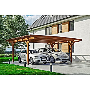 Skan Holz Carport Odenwald (Außenmaß inkl. Dachüberstand (B x T): 6,4 x 5,41 m, Doppelcarport, Nussbaum)