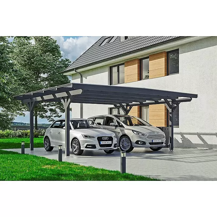 SKAN HOLZ Carport Odenwald - Außenmaß inkl. Dachüberstand (B x T): 6,4 x 5,41 m, Doppelcarport, Schiefergrau - Anwendungsbeispiel