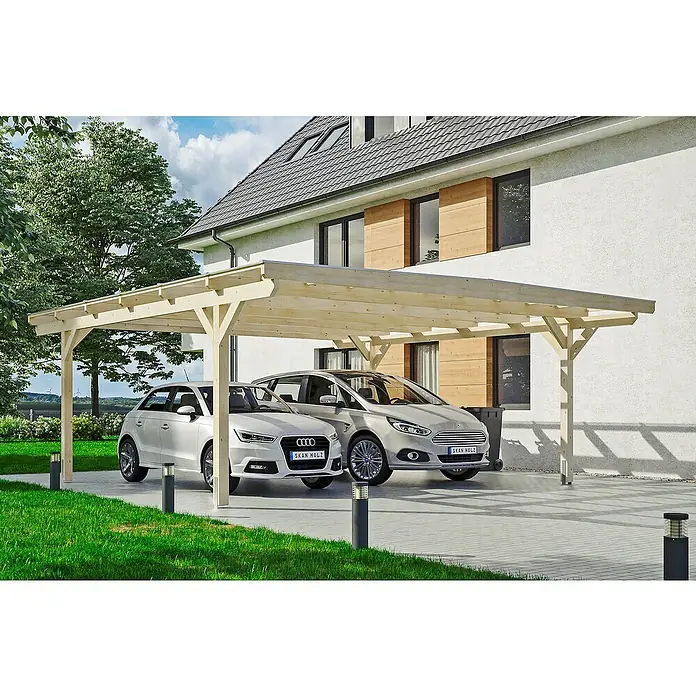 SKAN HOLZ Carport Odenwald - Außenmaß inkl. Dachüberstand (B x T): 6,4 x 6,48 m, Doppelcarport, Natur - Ein helles Holzcarport von SKAN HOLZ mit zwei darunter geparkten Autos vor einem modernen Haus.
