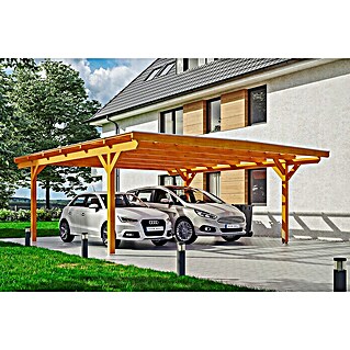 Skan Holz Carport Odenwald (Außenmaß inkl. Dachüberstand (B x T): 6,4 x 6,48 m, Doppelcarport, Eiche Hell)