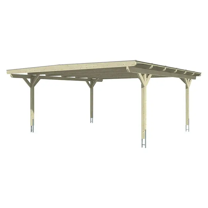 SKAN HOLZ Carport Odenwald - Außenmaß inkl. Dachüberstand (B x T): 6,4 x 6,48 m, Doppelcarport, Weiß - Ein Carport aus Holz mit vier stabilen Pfosten und einem flachen Dach bietet Schutz für Ihr Fahrzeug vor Wind und Wetter.