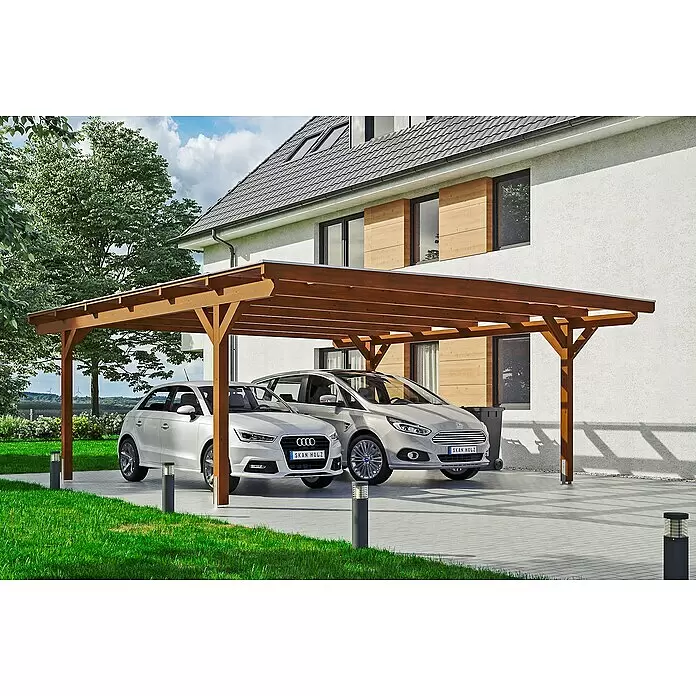 SKAN HOLZ Carport Odenwald - Außenmaß inkl. Dachüberstand (B x T): 6,4 x 6,48 m, Doppelcarport, Nussbaum - Anwendungsbeispiel