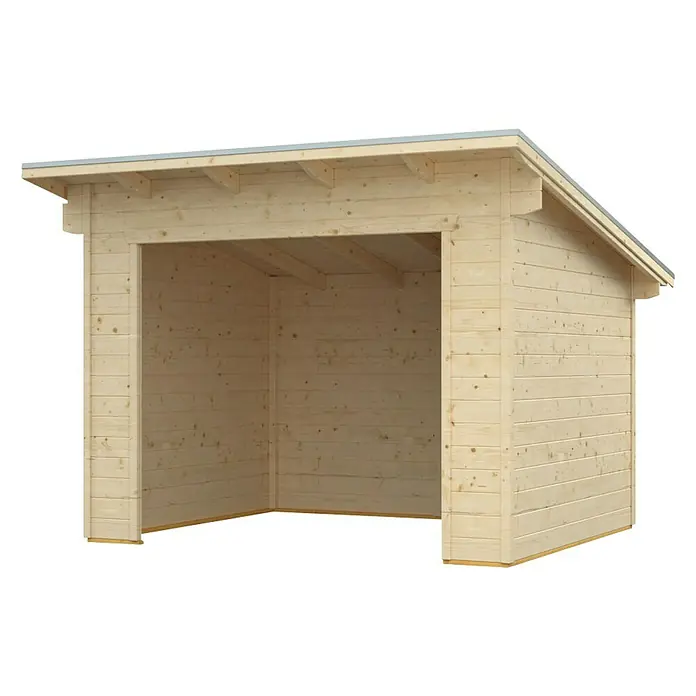 SKAN HOLZ Holzunterstand Ole - 250 x 300 x 249,5 cm, Natur - Abbildung eines Holzunterstandes mit schützendem Dach, ideal für die Lagerung im Freien. Die Struktur bietet eine robuste und natürliche Aufbewahrungslösung.