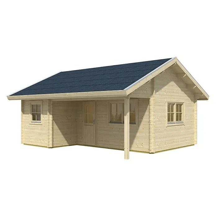 Skan Holz Gartenhaus OntarioAußenmaß inkl. Dachüberstand (B x T): 680 x 580 cm, Holz, Natur, Dachschalung & Dachlattung - Abbildung eines Holzhauses mit bläulichem Dach, das sich ideal als Gartenhaus oder Ferienhaus eignet.