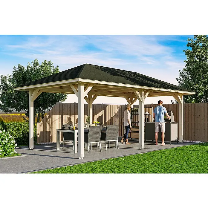 SKAN HOLZ Pavillon Orleans 1 - L x B: 656 x 374 cm, Holz, Natur - Eine elegante Gartenlaube mit Grillplatz und Essbereich, perfekt für entspannte Stunden im Freien und gesellige Zusammenkünfte.