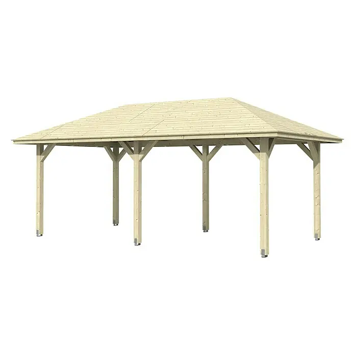 SKAN HOLZ Pavillon Orleans 1 - L x B: 656 x 374 cm, Holz, Natur - Ein hölzerner Pavillon mit einem hellen, ziegelgedeckten Dach und robusten Stützpfeilern auf einem schwarzen Hintergrund.