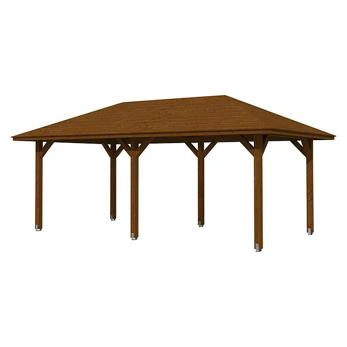 SKAN HOLZ Pavillon Orleans 1 - L x B: 656 x 374 cm, Holz, Nussbaum - Bild eines Holzpavillons mit dunklem Dach, der auf mehreren Stützen steht. Er ist zur Beschattung im Garten oder auf der Terrasse geeignet.