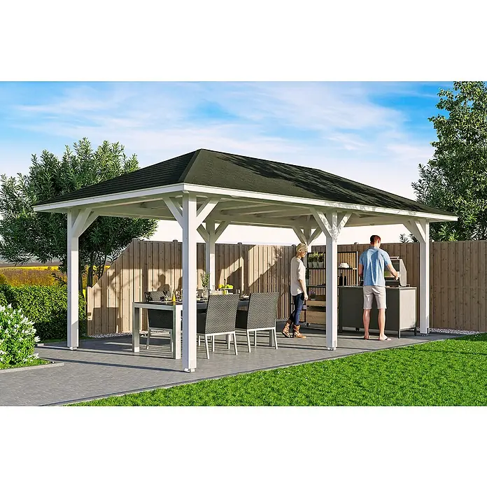 SKAN HOLZ Pavillon Orleans 1 - L x B: 656 x 374 cm, Holz, Weiß - Ein großes, weißes Gartenhaus mit schwarzem Dach steht im Garten, während Leute drinnen grillen und sich unterhalten.