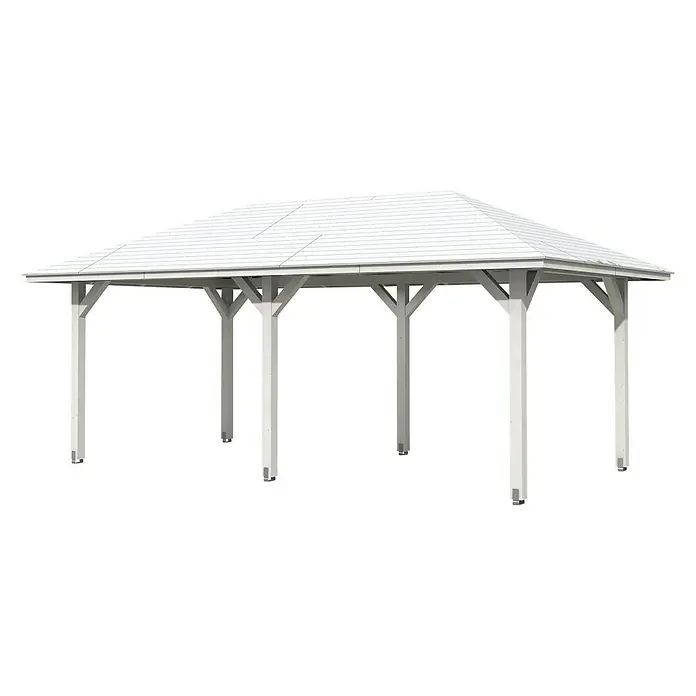 SKAN HOLZ Pavillon Orleans 1 - L x B: 656 x 374 cm, Holz, Weiß - Bild eines weißen Pavillons mit einem flachen Dach, der Schatten und Schutz im Freien bietet. Ideal für Gartenpartys.