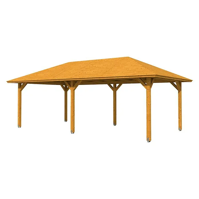 SKAN HOLZ Pavillon Orleans 2 - L x B: 786 x 439 cm, Holz, Eiche hell - Holzpavillon mit Satteldach und acht Holzpfosten. Der Pavillon ist aus hellem Holz gefertigt und steht auf einem dunklen Untergrund.