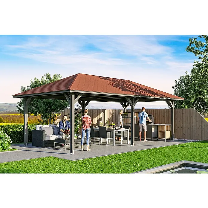 SKAN HOLZ Pavillon Orleans 2 - L x B: 786 x 439 cm, Holz, Schiefergrau - Einladender Pavillon mit rotem Dach und stilvollen Möbeln, ideal für entspannte Stunden im Freien und gesellige Zusammenkünfte.