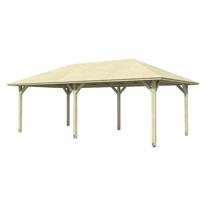 SKAN HOLZ Pavillon Orleans 2 - L x B: 786 x 439 cm, Holz, Natur - Das Bild zeigt ein Holzpavillon mit einem hellen Holzdach und stabilen Holzpfosten, ideal für den Garten oder die Terrasse.