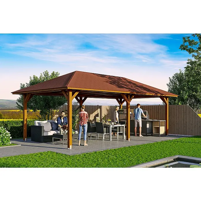 SKAN HOLZ Pavillon Orleans 2 - L x B: 786 x 439 cm, Holz, Nussbaum - Das Bild zeigt ein stilvolles Gartenpavillon mit Holzdach, das einen gemütlichen Aufenthaltsbereich im Freien bietet.
