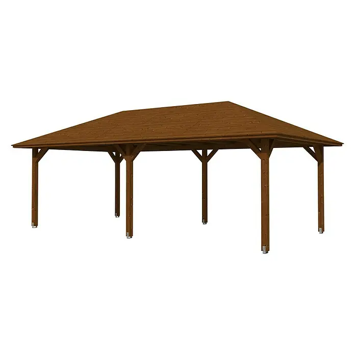 SKAN HOLZ Pavillon Orleans 2 - L x B: 786 x 439 cm, Holz, Nussbaum - Eine braune Holzpergola mit einem Satteldach und rechteckigen Pfosten, die im Freien Schatten spendet und eine einladende Atmosphäre schafft.