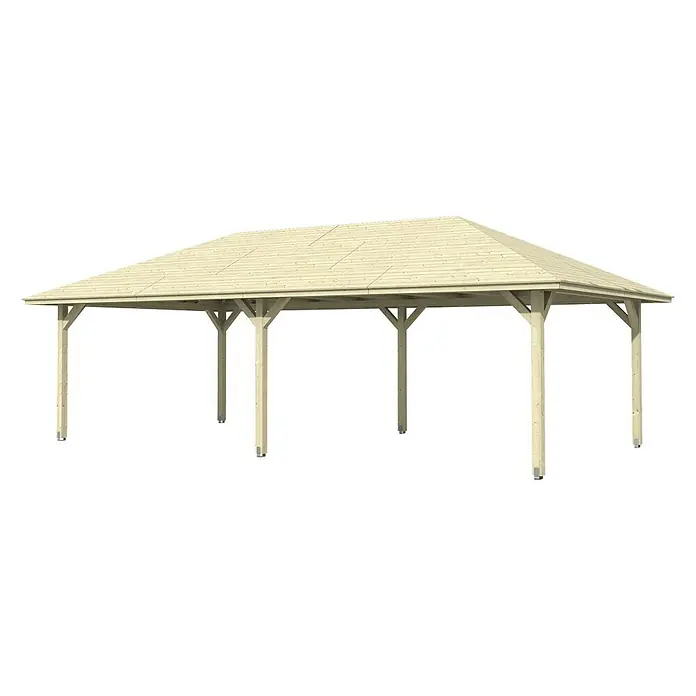 SKAN HOLZ Pavillon Orleans 3 - L x B: 916 x 504 cm, Natur - Bild eines freistehenden Pavillons mit einem hellen Holzdach und Stützpfeilern. Der Pavillon bietet Schutz im Freien.