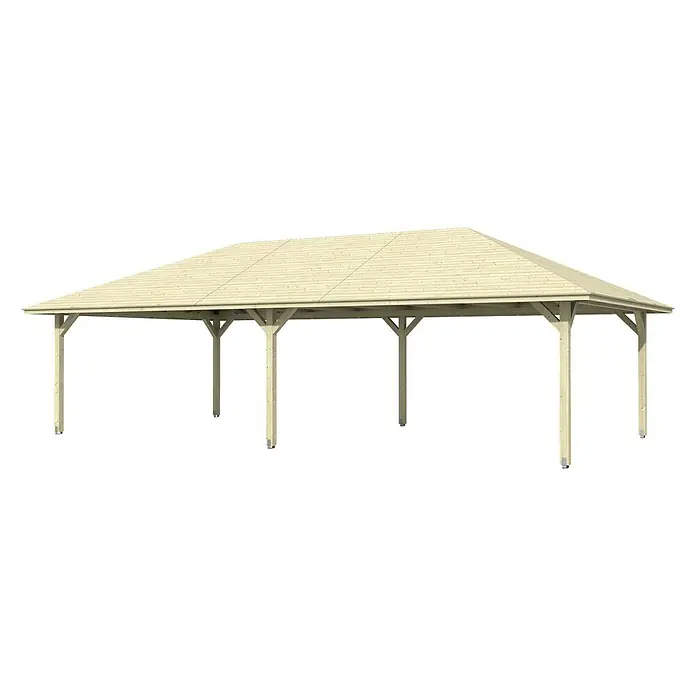 SKAN HOLZ Pavillon Orleans 4 - L x B: 1.046 x 569 cm, Natur - Hellbeiger Pavillon mit geradem Dach und Holzpfosten auf schwarzem Hintergrund. Ideal für den Garten oder als Unterstand.