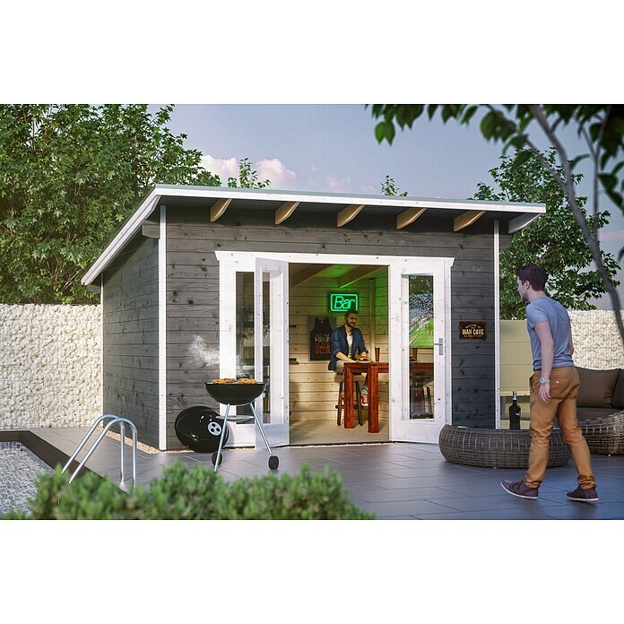 Skan Holz Gartenhaus Ostende (Außenmaß inkl. Dachüberstand (B x T): 440 x 380 cm, Holz, Schiefergrau, 12 m²) | BAUHAUS