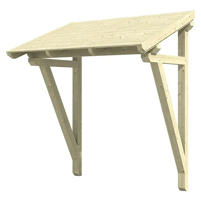 Skan Holz Pultvordach Paderborn 2242 x 156 x 208 cm, Natur - Detailansicht eines Holzvordachs mit robusten Stützbalken und einem geneigten Dach. Ideal als Wetterschutz für Eingänge.