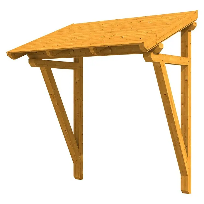 Skan Holz Pultvordach Paderborn 2242 x 156 x 208 cm, Eiche Hell - Das Bild zeigt eine Holzkonstruktion, möglicherweise ein Carport oder eine Überdachung. Die Struktur ist aus hellem Holz gefertigt.