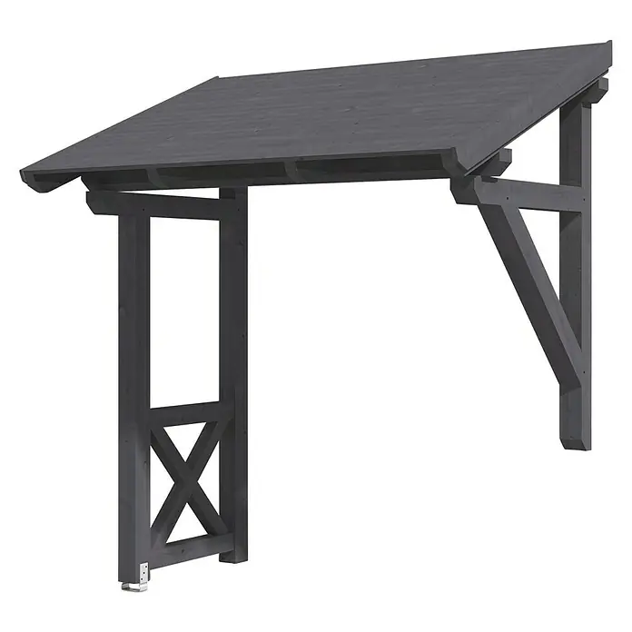 Skan Holz Pultvordach Paderborn 3242 x 156 x 208 cm, Schiefergrau - Das Bild zeigt einen Carport aus grauem Holz. Der Carport hat ein schräges Dach und ist mit einer X-förmigen Verstrebung versehen.