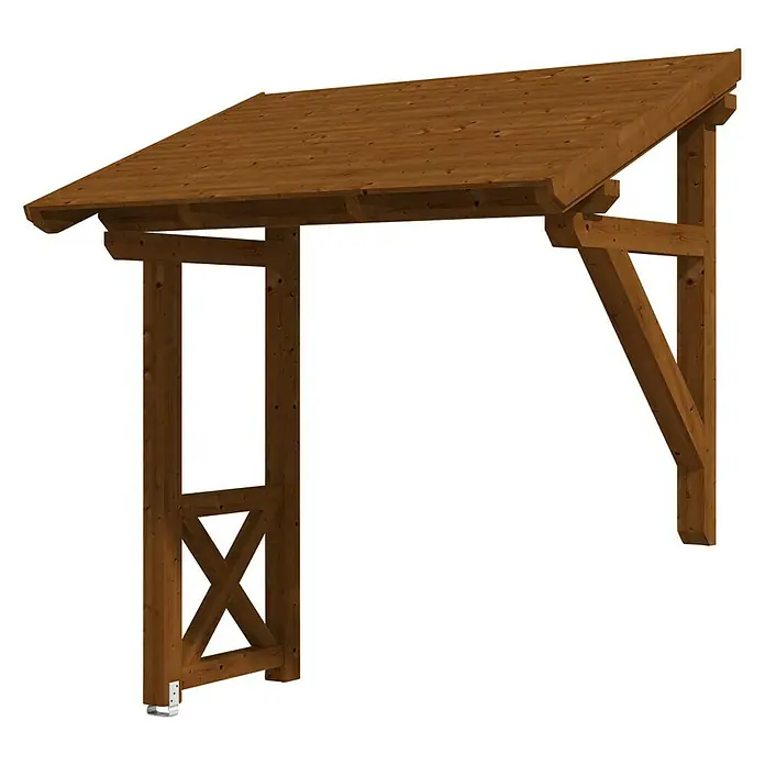 Skan Holz Pultvordach Paderborn 3242 x 156 x 208 cm, Nussbaum - Produktdarstellung einer braunen Holzpergola mit Dach und stabilen Stützstrukturen für den Außenbereich.