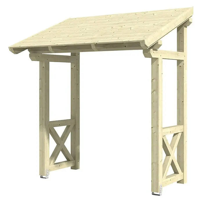 Skan Holz Pultvordach Paderborn 4242 x 156 x 208 cm, Natur - Ein freistehender Holzunterstand mit einem Satteldach und kreuzförmigen Dekorelementen an den Seiten bietet Schutz vor Witterungseinflüssen.