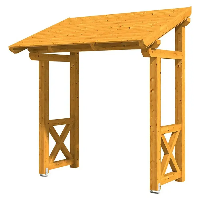 Skan Holz Pultvordach Paderborn 4242 x 156 x 208 cm, Eiche Hell - Ein hölzerner Gartenbogen mit einem geneigten Dach bietet einen einladenden Eingang. Die Konstruktion ist robust und optisch ansprechend.
