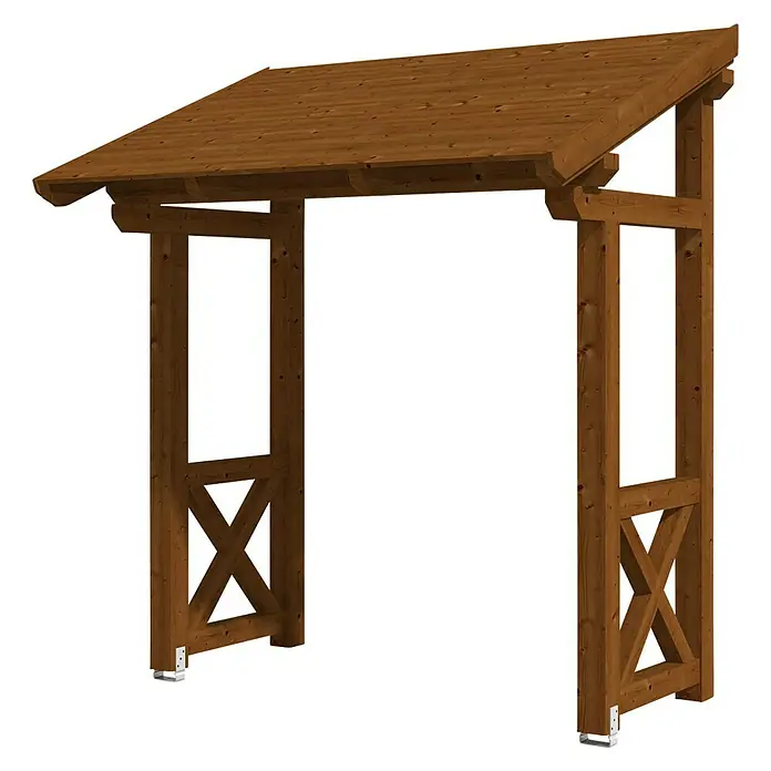 Skan Holz Pultvordach Paderborn 4242 x 156 x 208 cm, Nussbaum - Ein rustikaler Holzpavillon mit einem Satteldach und dekorativen X-förmigen Elementen an den Seiten. Ideal für Gärten oder Höfe.