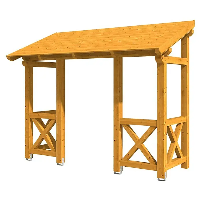 Skan Holz Pultvordach Paderborn 5336 x 156 x 208 cm, Eiche Hell - Holzpavillon mit Dach und X-förmigen Verstrebungen für Gärten oder Terrassen. Langlebige Konstruktion für den Außenbereich.