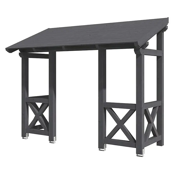 Skan Holz Pultvordach Paderborn 5336 x 156 x 208 cm, Schiefergrau - Eine graue Holzpergola mit einem geneigten Dach und kreuzförmigen Verzierungen an den Seiten bietet Schatten und Struktur für den Garten.