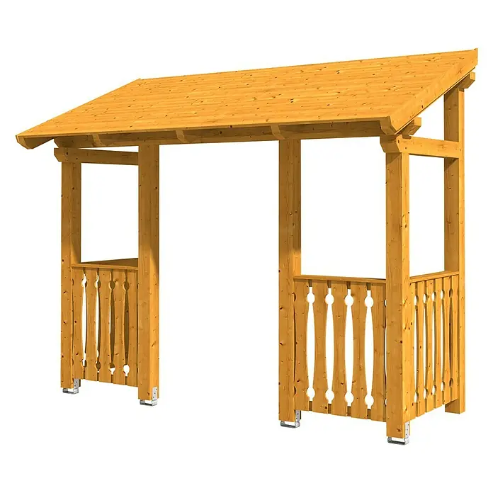 Skan Holz Pultvordach Paderborn 6336 x 156 x 208 cm, Eiche Hell - Ein detailreiches Bild eines Holzpavillons. Das naturbelassene Holz strahlt Wärme aus und die Bauweise bietet Schutz und einladendes Ambiente.