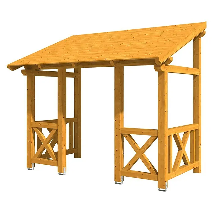 Skan Holz Pultvordach Paderborn 7336 x 202 x 208 cm, Eiche Hell - Einladende Holzpergola mit dekorativen Kreuzstreben für Garten oder Terrasse, ideal für einen schattigen Sitzplatz im Freien.