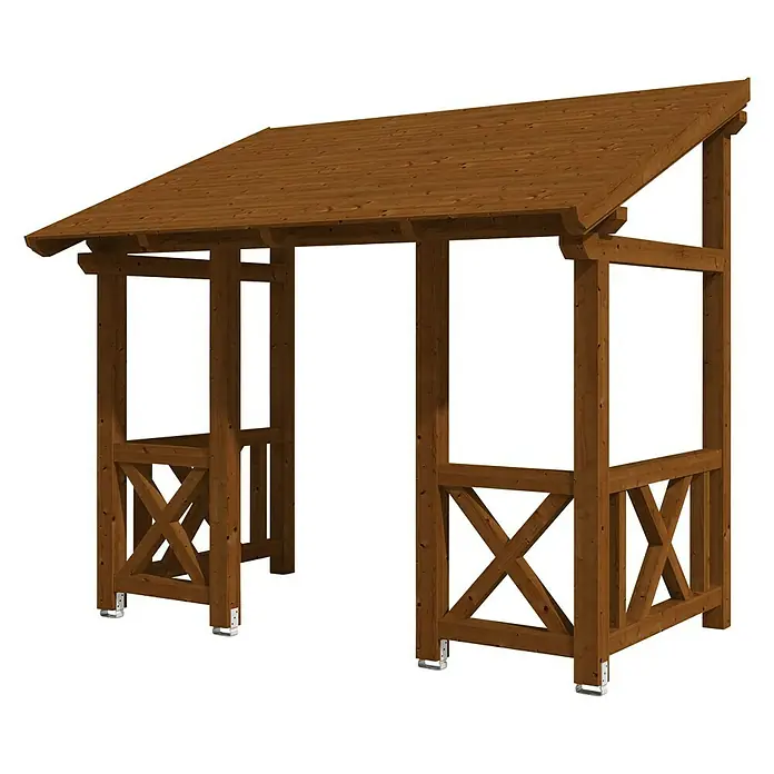 Skan Holz Pultvordach Paderborn 7336 x 202 x 208 cm, Nussbaum - Ansicht eines hölzernen Gartenpavillons mit Dach und dekorativen Kreuzstreben. Ideal als stilvoller Wetterschutz im Freien.