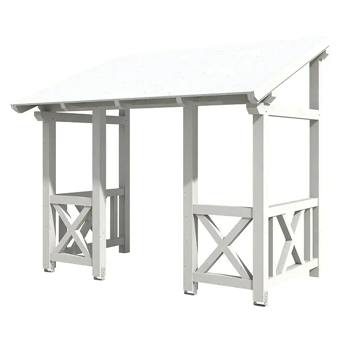 Skan Holz Pultvordach Paderborn 7336 x 202 x 208 cm, Weiß - Eine weiße Holzpergola mit einem schrägen Dach und einem Kreuzgitter an den Seiten sorgt für einen stilvollen Garteneingang.
