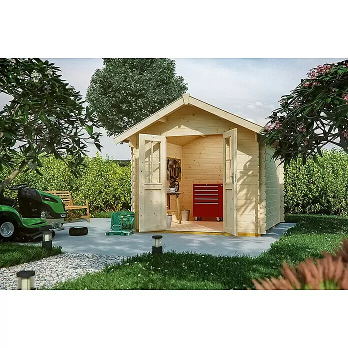SKAN HOLZ Gartenhaus Palma 3 - Außenmaß inkl. Dachüberstand (B x T): 280 x 355 cm, Holz, Natur - Stimmungsaufnahme