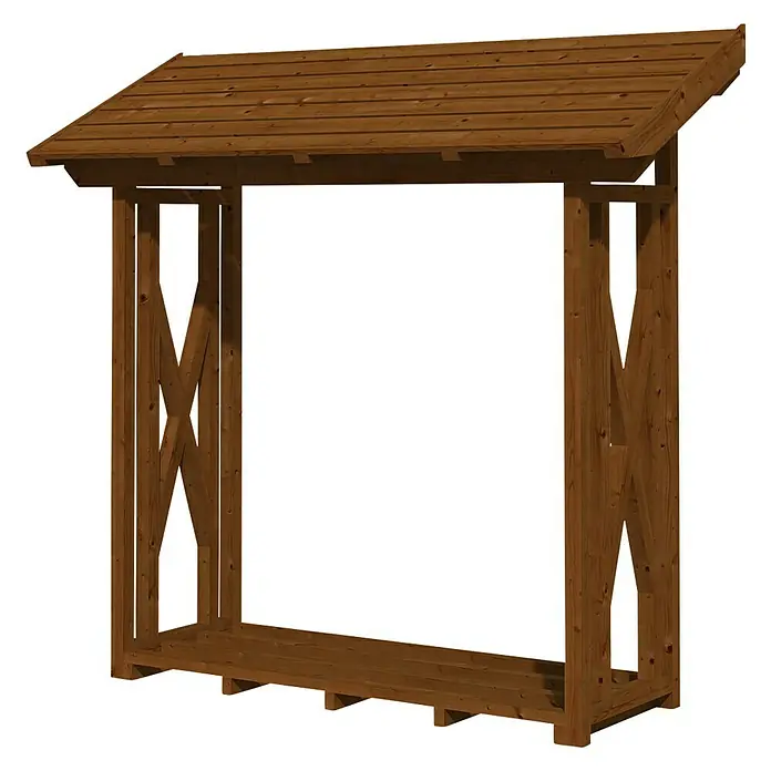 SKAN HOLZ Kaminholzregal Paul 1 - 240 x 88 x 229 cm, Holz, Nussbaum - Dieses Bild zeigt einen rustikalen Holzunterstand für die Lagerung von Brennholz im Freien, gefertigt aus robustem, braunem Holz.