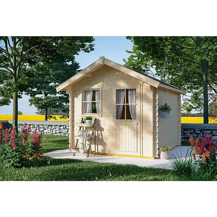 SKAN HOLZ Gartenhaus Porto 2 - Außenmaß inkl. Dachüberstand (B x T): 280 x 305 cm, Holz, Natur - Holzgartenhaus mit Tür, Fenster und Regal. Das Gartenhaus bietet Stauraum und eine attraktive Ergänzung für jeden Garten.