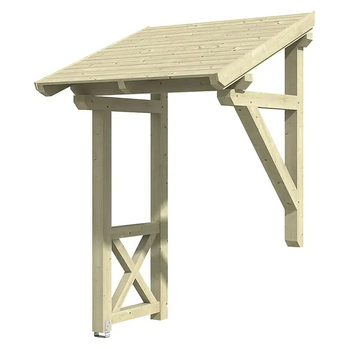 Skan Holz Pultvordach Potsdam 3176 x 156 x 208 cm, Natur - Das Produkt ist ein Vordach aus hellem Holz, das als Wetterschutz über einer Tür oder einem Eingangsbereich dient.