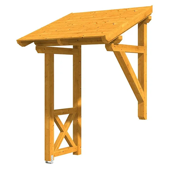 Skan Holz Pultvordach Potsdam 3176 x 156 x 208 cm, Eiche Hell - Detailaufnahme eines Holzrahmens mit einem geneigten Dach, der traditionelle Zimmermannskunst und rustikalen Charme vereint.