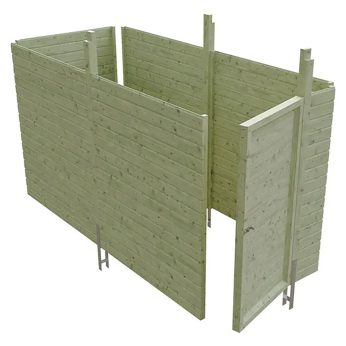 SKAN HOLZ Carport-Abstellraum C1 - Passend für: Skan Holz Carports mit Durchfahrtsbreite bis 291 cm, Grün - Eine Nahaufnahme einer Holzkonstruktion, die ein unfertiges Blockhaus oder eine Gartenlaube darstellt. Die Holzstruktur ist hell und weist eine sichtbare Maserung auf.