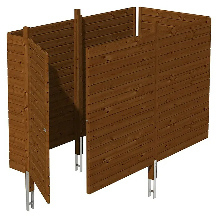 SKAN HOLZ Carport-Abstellraum C1 - Passend für: Skan Holz Carports mit Durchfahrtsbreite bis 291 cm, Nussbaum - Eine Nahaufnahme einer braunen Holzkabine, die eine rustikale Ästhetik mit moderner Stabilität durch silberne Metallstützen verbindet.