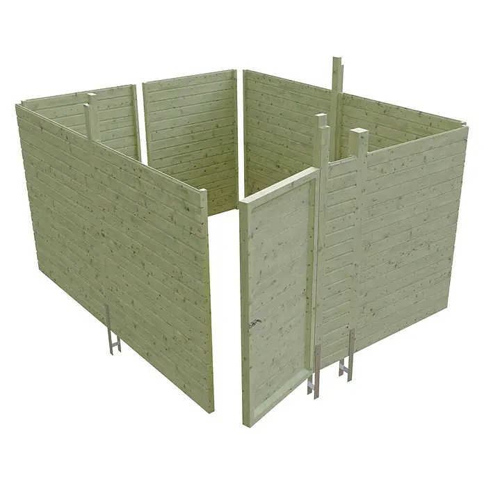 SKAN HOLZ Carport-Abstellraum C4 - Passend für: Skan Holz Carports mit Durchfahrtsbreite bis 355 cm, Grün - Holzgartenhaus im Bau, mit hellen Holzpaneelen und unfertiger Struktur. Ideal für DIY-Projekte und Gartenbau.
