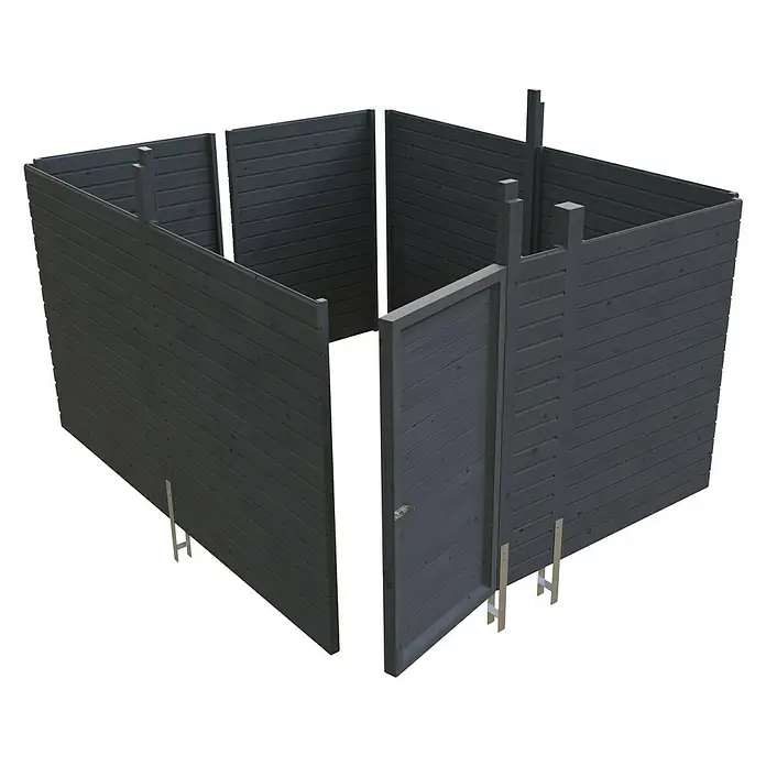 SKAN HOLZ Carport-Abstellraum C4 - Passend für: Skan Holz Carports mit Durchfahrtsbreite bis 355 cm, Schiefergrau - Abbildung eines grauen Gartenhauses im unfertigen Zustand. Die Holzwände mit Tür sind noch nicht vollständig montiert.